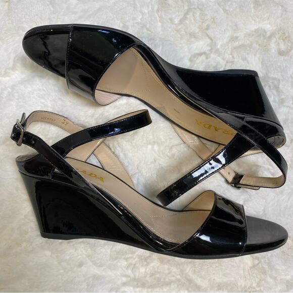Prada Black Patent Leather Wedge Slingback Sandals Women’s Size 39 Heels - Picture 1 of 15